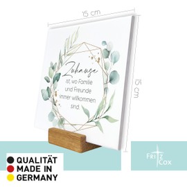 Fritz Cox Decorative Blackboard "Home is Where Family and Friends Are Welcome" - Stone Board 15 x 15 cm with Wooden Stand - Gift for Home & Housewarming