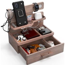 BARVA Gifts for Men Dad Birthday Ideas Wood Docking Station with Drawer Phone Nightstand Organizer Table Charging Dock Watch Charging Stand Wallet Gadget Device Bedside Holder Bedroom Desk Accessories