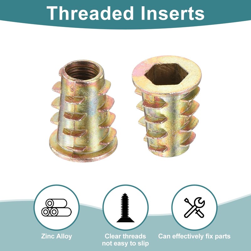 sourcing map 100Pcs Threaded Inserts, M6-1x15 Zinc Alloy Hex-Flanged Nut