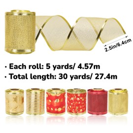 KINGLAKE Christmas Wired Ribbon 2.5 Inch Wide Red and Gold Christmas Tree Ribbon 6 Rolls Sheer Sparkly Organza Gift Wrapping Ribbon 30 Yards Holiday Ribbon Wired for Crafts Xmas Wreath Decoration