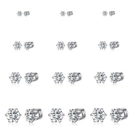 Spiritlele 12 Pairs Silver Small Big Cubic Zirconia Magnetic Earrings Clip on Non Piercing Earrings Set Unisex 4MM-7MM