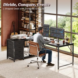 PRAISUN 61" L Shaped Desk with Power Outlets and USB-C Port, Reversible Computer Corner Office Desk with 4 Fabric Drawers and 2 Height-Adjustable Shelves, Large for Gaming Writing Work Study，Black