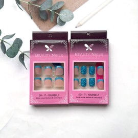 48 Pcs Blue Press On Nails Short Square Press On Toenails Set - Blue White French False Nails Full Cover Nude False Nails with Blue Curve Design Glossy Spring Summer False Toe Nails for Women Girls