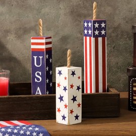 Treory 4th of July Decorations, 3pcs July 4th Patriotic Tiered Tray Decor Firework Wooden Sign, Rustic Firecracker Wood Blocks Home Décor, American Memorial Day Table Decor for Independence Day