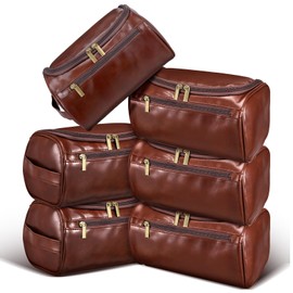 6 Pcs Groomsmen Gift Groomsmen Toiletry Bags Set Leather Toiletry Bag for Men with Hook Leather Wedding Proposal Bag with Side Handle Father Gift, Dark Brown