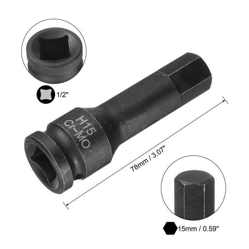 sourcing map 15mm Hex Impact Bit Socket H15 1/2" CR-MO
