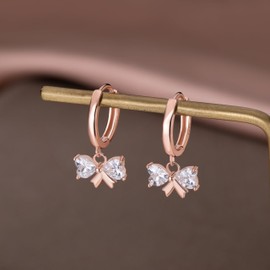 SLUYNZ Sterling Silver CZ Bow Hoop Earrings for Women Teens Love Bow Hoop Earrings Huggie Valentines Day Earrings (C-ROSE GOLD)