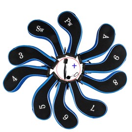 EDATOFLY Pack of 10 Club Head Covers for Iron Headcovers Golf Long Neck with Number Print and 1 Piece Golf Brush (Black + Blue)