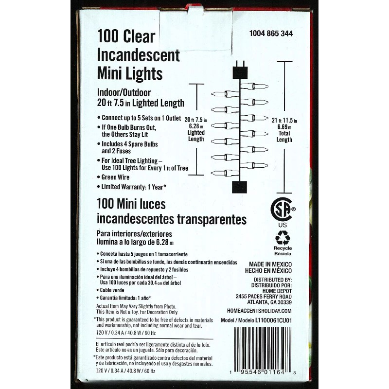 Home Accents 100 Mini Incandescent Clear Christmas Lights Green Wire
