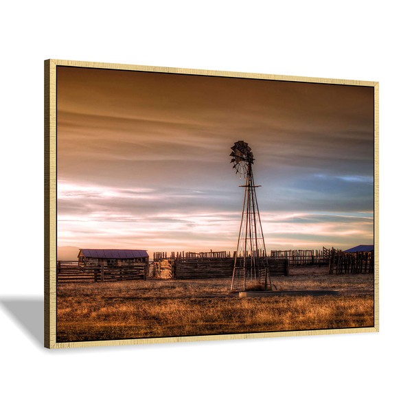 Farmhouse Windmill Canvas Wall Art: Sunset Landscape Artwork Painting Print on Canvas with Sturdy Golden Framed for Wall Decoration (45'' x 30'' x 1 Panel)