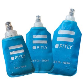 FITLY Soft Flask 3 Pack - 5 oz (150 ml), 8.5oz (250ml), & 13.5oz (400ml) - Shrink As You Drink Soft Water Bottle for Hydration Pack - Folding Water Bottle For Running & Hiking - Running Water Bottle