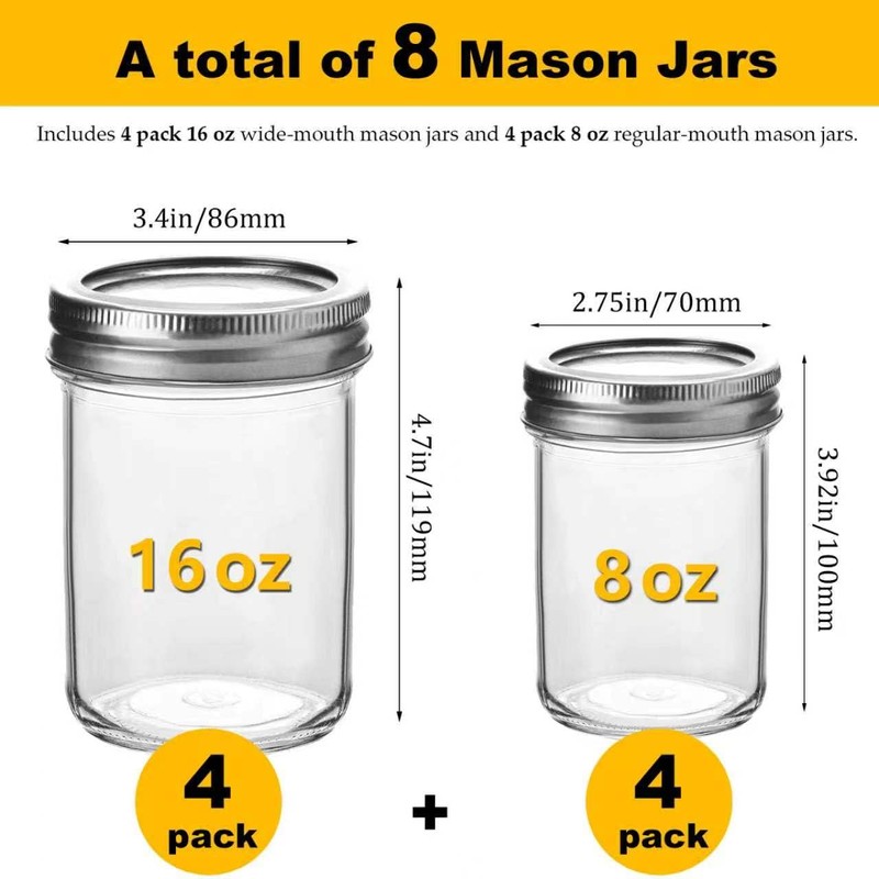 YOOSSICY 8 Pack Mason Jars (16 oz & 8 oz)