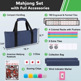 American Mahjong Tile Set 4 Players with Blue Carrying Bag, 166 White Tiles, 4 Colors All-in-One Racks and Pushers, Travel Mahjong Set American 2026 Mah Jongg Sets/ Mah Jong Tiles/ Majong/ Majiang