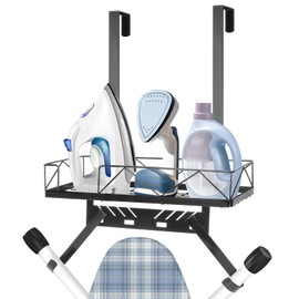 Siyzda Ironing Board Hanger, Metal Over The Door or Wall Mounted Ironing Board Caddy, Ironing Board Storage Shelf with Adjustable Hooks for Laundry Room, Living Room, Bathroom (Matte Black)