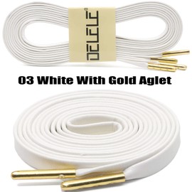 DELELE Flat PU Leather Laces: Waterproof Shoelaces for Sneakers Boot 2 Pair White With Gold Aglet 47 inch