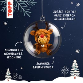 TOPP Crochet Mini Christmas Bauble Crochet Set Reindeer: Instructions, Yarn (100% Cotton) in 5 Colours, Crochet Hook (1.5 mm), Plastic Ball (7 cm), Filling Cotton, Beads, Bells, White