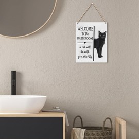 UYIKG Funny Black Cat Bathroom Wall Decor Sign,Welcome To The Bathroom a Cat Will Be With You Shortly Wood Hanging Sign 8x10 inches