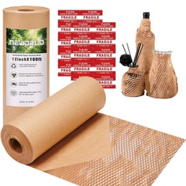Neworld Honeycomb Packing Paper,12" x 100' Eco Friendly Bubble Cushioning Wrap for Moving,Products & Gifts Wrapping Paper,Recyclable Cushioning Packing Material With 20 Fragile Sticker Labels