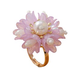 Cute Shell Pearl Flower Statement Ring for Women Gold Plated Dainty Petal Leaf Floral Wedding Promise Expandable Adjustable Open Wrap Finger Rings Comfort Fit Holiday Jewelry (Purple)