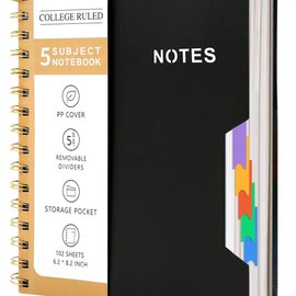 5 Subject Notebook College Ruled 6'' x 8'' Hardcover Spiral Lined Notebook with 5 Removable Colored Dividers 204 Pages Notebooks for Work, School Supplies, Home & Office, Writing Journal - Color: Black