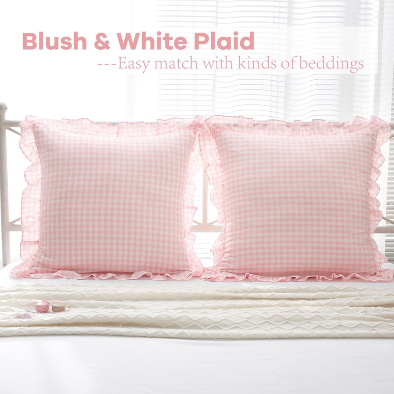 2 Pack Blush White Gingham Euro Pillow Shams 26''x26'' |