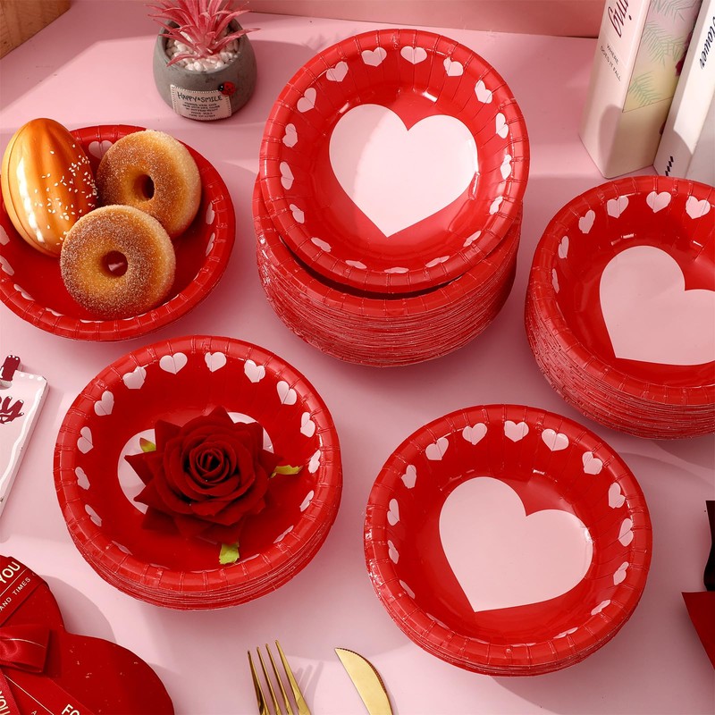 100 Pcs Valentine's Day Paper Bowls Disposable Serving Bowls Red