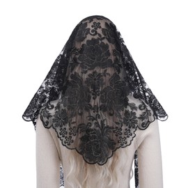 Bozidol Church Catholic Veils for Women, Triangle Black Peony Flower Embroidered Lace Mantilla Chapel Veil, Latin Mass Prayer Scarf Head Coverings with Clips