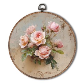 Tzhim Vintage Pink Rose Floral Round Wall Art, Cottagecore Shabby Chic Floral Round Wall Decor Framed, Retro Rustic Botanical Canvas Walls Sculptures for Home Bedroom Living Room Decor, 10x10 Inch