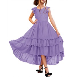 HOSIKA Lace Flower Girls Dress Summer Short Sleeve Princess Vintage Boho Wedding Party A-Line Maxi Dresses 6-12 Years Purple M
