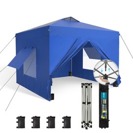 Canopy Tent Pop Up 10x10 ft One Person Push Set Up Tent with 4 Sidewalls, Outdoor Canopies Shelter Heavy Duty Straight Legs with 4 Sandbags & 1 Roller Bag, 8 Stakes & 4 Guy Ropes, UPF50+, Blue