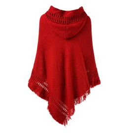 Ferand Ladies' Hooded Cape with Fringed Hem, Crochet Poncho Knitting Patterns for Women, Red