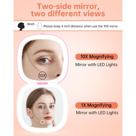 Gospire - Espejo de maquillaje de viaje recargable de 3.9 pulgadas con luces y aumento 10X, 3 colores de luz y brillo ajustable, cierre magnético y función de memoria, espejo compacto LED para bolso, color rosa