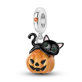 CYCUFF 925 Sterling Silver Charms Suitable for Bracelets Charms Beads, Charm Necklaces Jewellery Gift for Women Family Friends (Black Cat Glow-in-the-Dark Pumpkin Charm)