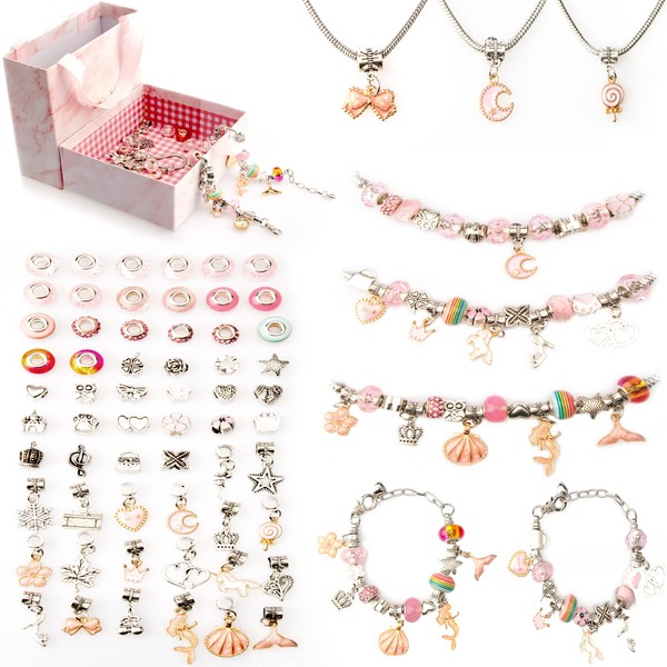 Charm Bracelet Making Kit,63PCS DIY Technique Metal Necklace Beads Set for Girls Children Age 6-12 Jewelry Mix Box (Pink),Fashion Handmade Arts & Crafts Making Accessories Surprise