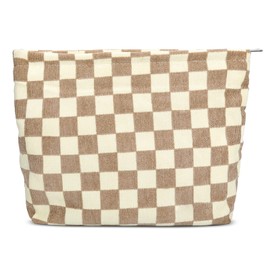 WOVOWOVO - Bolsa de maquillaje para mujer, bolsa de cosméticos de pana de gran capacidad, estilo clásico, para viaje, organizador de almacenamiento, Caqui a cuadros