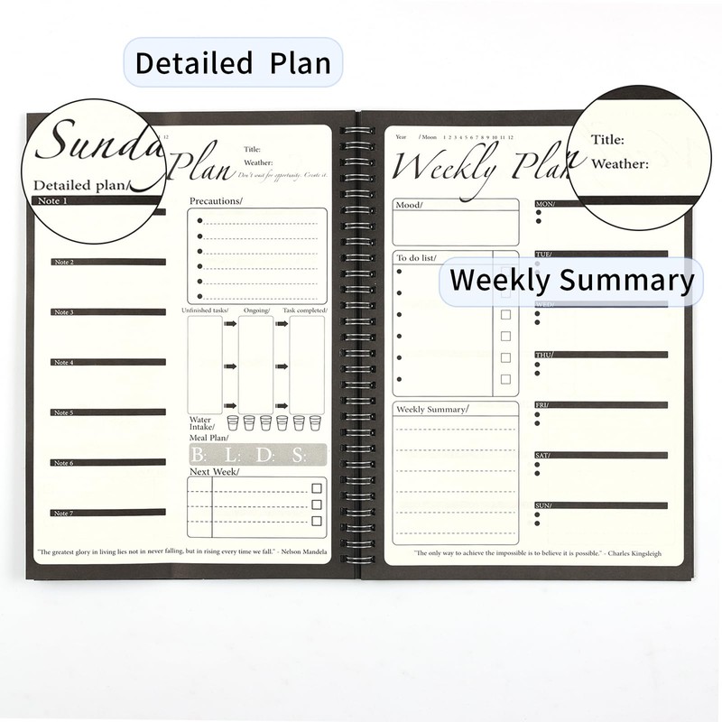 Daily and Weekly Planner,7" x 10" Black Daily Task Notebook