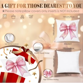 LUKIPOM Pink Coquette Bow Pillow Covers 18x18 Set of 2, Coquette Room Decor, Preppy Girly Room Decor Aesthetic, Trendy Pink Preppy Ribbon Bow Decorative Throw Pillow Covers