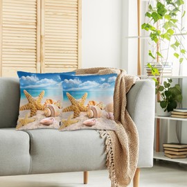 Swono Starfish Decorative Throw Pillow Cushion Covers, Ocean Beach Starfish Seashells Cosy Pillowcase Home Decor, Double-Sided Printed Pillow Covers for Bedroom Livingroom Office 18x18 Set of 2