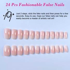 Ceboic 24Pcs French Tip False Nails Short, Square Pink White Gradient Fake Nails, Natural Full Cover Press on Nails, Acrylic Glue on Nails French Manicure Kit for Women Girls Nail Art