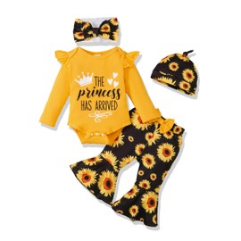 SODLON Baby Girl Clothes 0-3 Months Newborn Girl Clothes Winter Fall Infant Outfit Yellow Romper Sunflower Bell Bottoms Flared Pants Gifts Cute Baby Clothes for Girls
