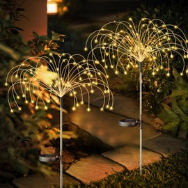 Solar Garden Lights, Firework Lights Outdoor 2 Pack 150 LED Solar Waterproof Decorative Lights Landscape Lamp 12 Hours Working Time, Decor for Courtyard Garden Christmas Party (Warm Yellow)