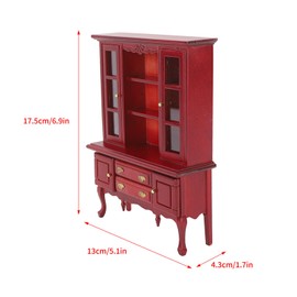 Srliya 1:12 Scale Wooden Miniature Cabinet, Dollhouse Bookcase, Cabinet with Hinged Door, Drawer for Room, Classic Three Tier Cabinet with Two Doors (Mahogany)