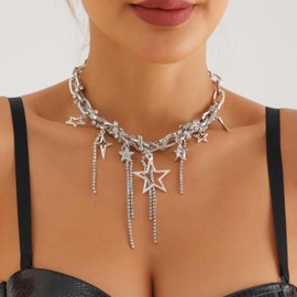 Carufin Pearl Star Choker Necklace for Women, Sparkling Star Pendant Chain, Tassel Choker, Cross Necklaces, Punk Layers Jewellery, Metal, No Gemstone