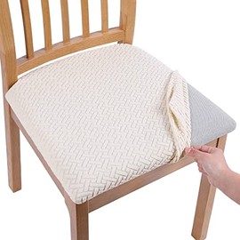 Homaxy Dining Chair Seat Covers Set of 4, Stretch Jacquard Dining Chair Slipcovers Seat Protector with Buckle for Dining Room Kitchen, Beige