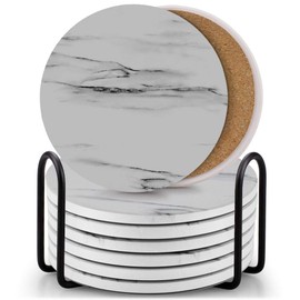 EAGMAK Set of 8 Coasters for Drinks, Absorbent Marble Style Ceramic Drink Coaster with Holder for Coffee Wooden Table Home Decor(Grey)