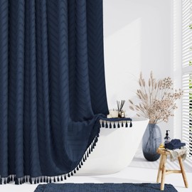 Dynamene Extra Long Shower Curtains, 96 Inch Long Boho Tufted Chevron Striped Fabric Shower Curtains for Bathroom, Tall Minimalist Waterproof Cloth Shower Curtain Set with 12 Hook, Navy Blue, 72x96