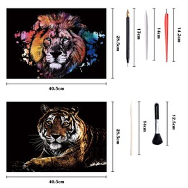 Georgie Porgy Scratch Picture Set DIY Craft Sets for Children Adults Magic Rainbow Scratch Paper A3 Animal Scratch Paper for Christmas Birthday Gift with Scratch Tools Kit (A3 Lion + Tiger)