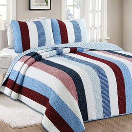 Cozy Line Home Fashions Blue Striped 100% Cotton Quilt Bedding Set, Reversible Coverlet, Bedspread Set (Blake Stripe, Queen - 3 Piece)