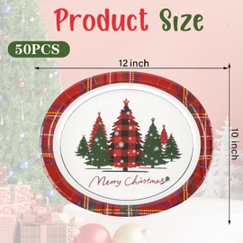 50Pcs Christmas Paper Plates Christmas Tree Oval Plates Heavy Duty Christmas Red Buffalo Plaid Plates Christmas Disposable Dinnerware Serving Tray for Christmas Holiday Party,Gift 10 x 12 Inch