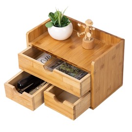 Rustic Distressed white 3-Tier Bamboo Desk Organizer with 3 Drawers Mini Storage Shelf For Desk, Toiletries Vanity Office Supplies (bamboo)